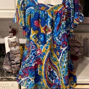 a womens Mainstreet Blues lined bat sleeve multi color blouse regular size L